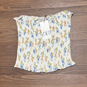 Zara NWT White Floral Smocked Ruffle Crop Top Size Medium Cottagecore
